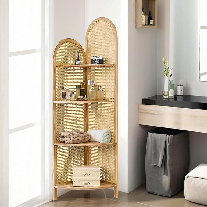 4-Tier Corner Shelf Stand 70" Rattan Corner Shelves Display Shelf Wall Corner Bookshelf with Solid Wood Frame Multi Unit Organizer Rack with Legs for Living Room Decor,Small Space, Natural