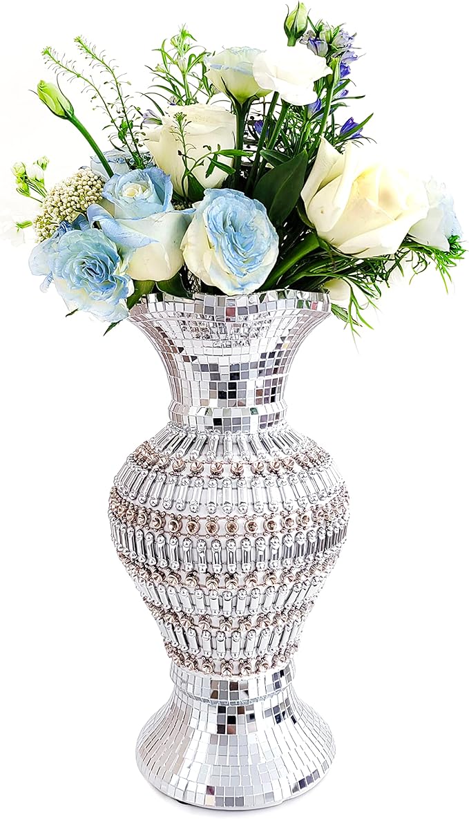 Large Ceramic vase, 30 cm, Inlaid with Rhinestones, Luxury, Vintage Silver vase for Home Decoration, Suitable for Living Room, Bedroom, Kitchen, Table Centerpiece.