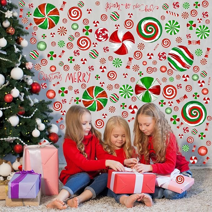 211 Pcs 6 Sheets Christmas Candy Decals Peppermint Wall Stickers Removable Oil Red and Green Candy Stickers Christmas Window Clings for Indoor Living Room Bedroom Nursery Decor