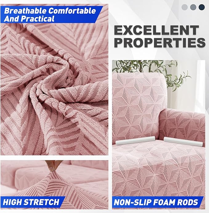 YEMYHOM 1 Piece Stretch Couch Covers for 2 Cushion Couch, Jacquard Loveseat Cover with Non-Slip Elastic Bottom, Thickened Slipcover Furniture Protector for Dogs Pets (Medium, Pink）