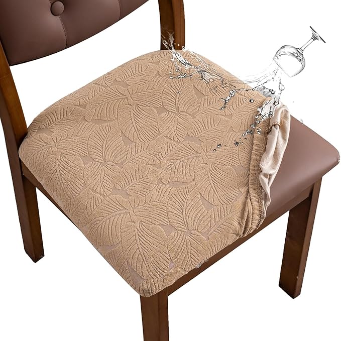 Waterproof Chair Seat Cover for Dining Room-Stretchy Washable Chair Seat Covers Set of 6-Kitchen Chair Seat Slipcovers Protector for Home Restaurant Banquet (Khaki,Large)