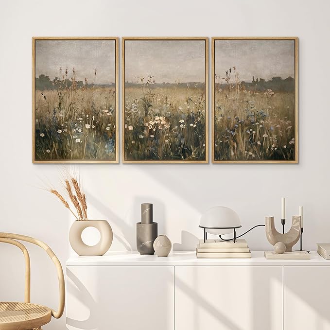 SIGNWIN Framed Canvas Print Wall Art Set Wildflower Meadow Rustic Floral Field Landscape Illustrations Modern Art Decorative Rustic Calm/Zen for Living Room, Bedroom, Office - 24"x36"x3 Natural