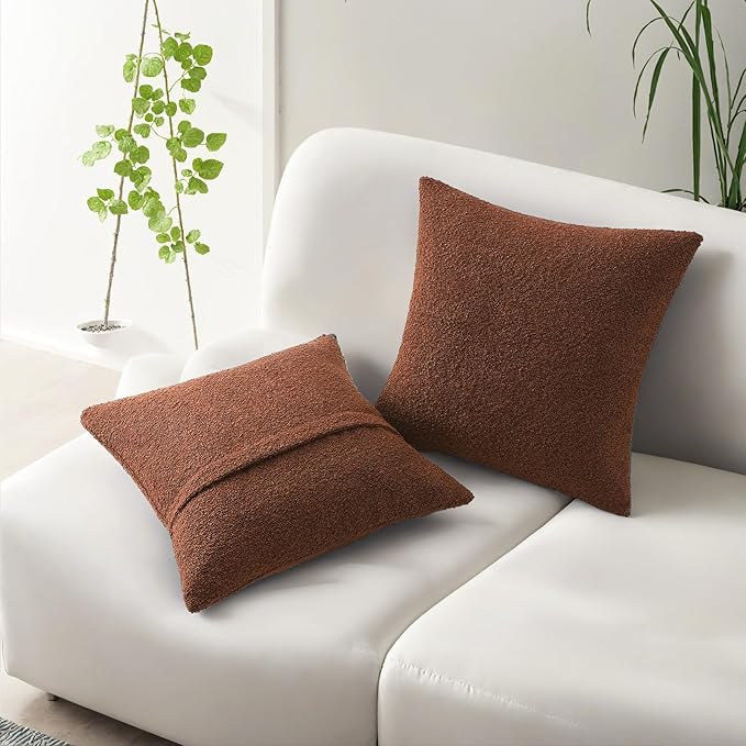 HAUSSY Set of 2 24x24 Decorative Throw Pillow Covers, Soft Cozy European Pillow Shams Textured Boucle, Home Decor for Couch Bed Living Room, Rust