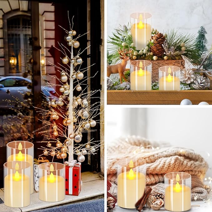Flameless Candles 4" 5" 6" Set of 3 Acrylic Glass Pillars 3" Diameter Battery Operated Flickering Candles Include 10-Key Remote with Timer Function 400+ Hours (Pure White, Warm Light 3 Pack)