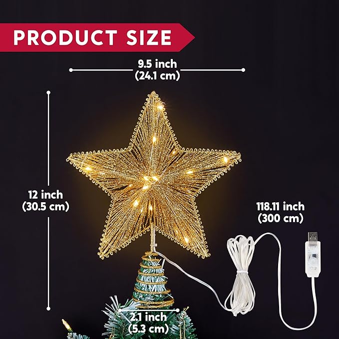 Joiedomi 9.5" Golden Christmas Star Tree Topper Radial Design, Metal Treetop Decorations with 20 LED Warm White, USB Powered Remote Control for Home Holiday Xmas Party Indoor Decor