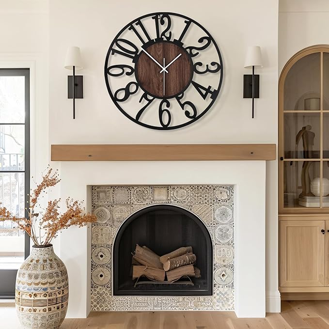 Maxstar Large Round Wall Clock for Living Room Decor Battery Operated Non Ticking Black Metal Wood Clocks for Home Living Room Garden Farmhouse Office Kitchen Decoration -32 inch