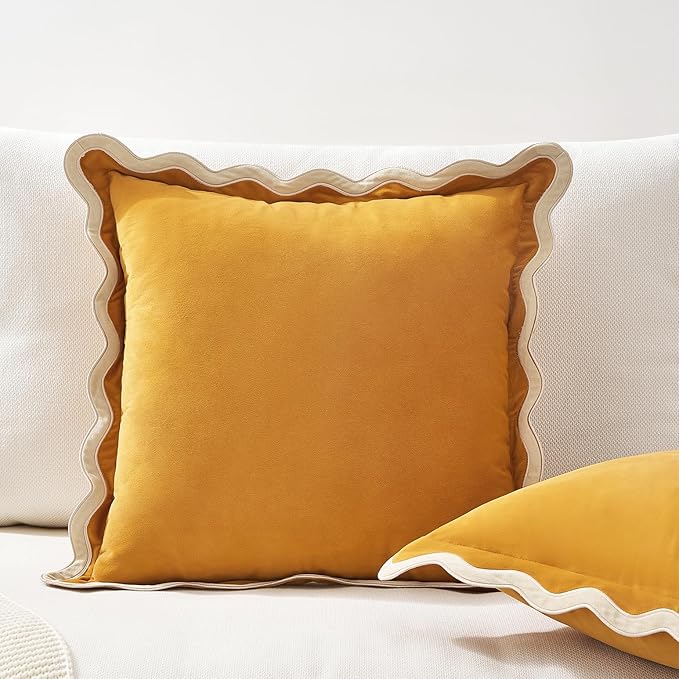 MONDAY MOOSE Decorative Throw Pillow Covers Cushion Cases, Set of 2 Soft Velvet Scalloped Wavy Edge Designs, Mix and Match for Home Decor, Pillow Inserts Not Included (20x20 inch, Cream/Honey)