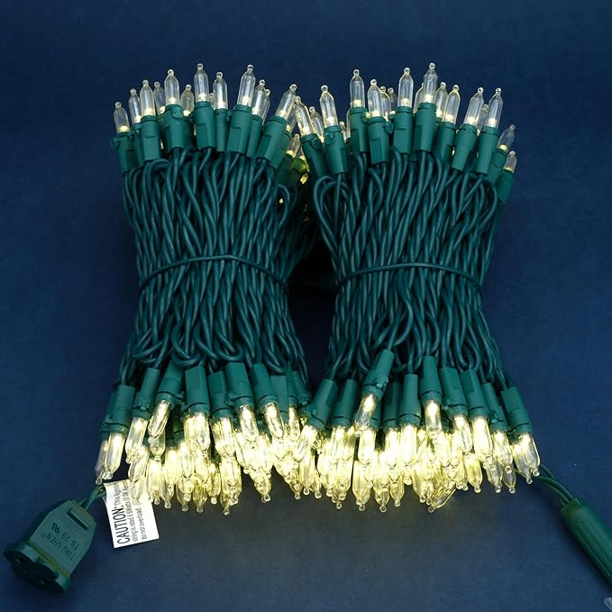 Warm White LED Christmas Lights 200 Count, Pack of 2 Sets 25 ft 100 LED Green Wire Mini String Lights Set (Warm White)