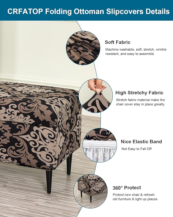 CRFATOP Printed Rectangle Ottoman Stool Cover Stretch Folding Storage Footstool Bench Slipcovers Upholstered Foot Chest Chair Covers Washable Entryway Furniture Protector with Elastic Bands,L,01