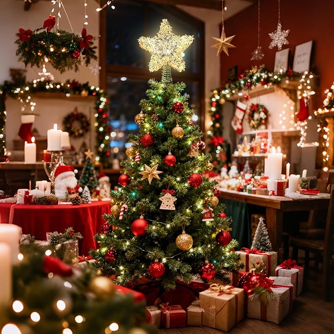 Christmas Tree Topper Star Silver Tinsel Star Tree Topper 10 Inch Lighted Tree Topper Battery Operated Christmas Tree Decoration for Holiday Indoor Decoration Warm White Light
