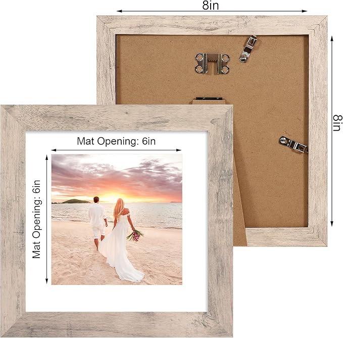 iRahmen 8x8 Picture Frames Set of 4 with High Definition Real Glass, Smoke Gray Frame Display 6x6 Pictures with Mat or 8 x 8 Without Mat, Wood Square Photo Frame for Wall Mount and Tabletop Display