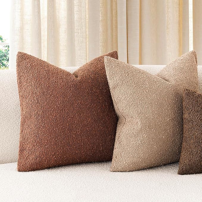 Foindtower Pack of 2 Textured Boucle Throw Pillow Covers Accent Solid Pillow Cases Cozy Soft Decorative Couch Cushion Case for Chair Sofa Bedroom Living Room Home Decor 18x18 Inch Red Taupe