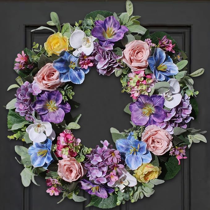 24 Inch Spring Summer Wreaths for Front Door, Spring Summer Door Wreaths, Artifical Floral Flowers Wreath with Purple Hydrangea,Pink Rose,Blue Tulip,Large Wreaths for Spring Summer Outdoor Home Decor