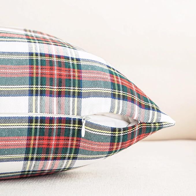 AQOTHES Pack of 2 Christmas Plaid Decorative Throw Pillow Covers Scottish Tartan Cushion Case for Farmhouse Home Holiday Decor Red and White, 16 x 16 Inches