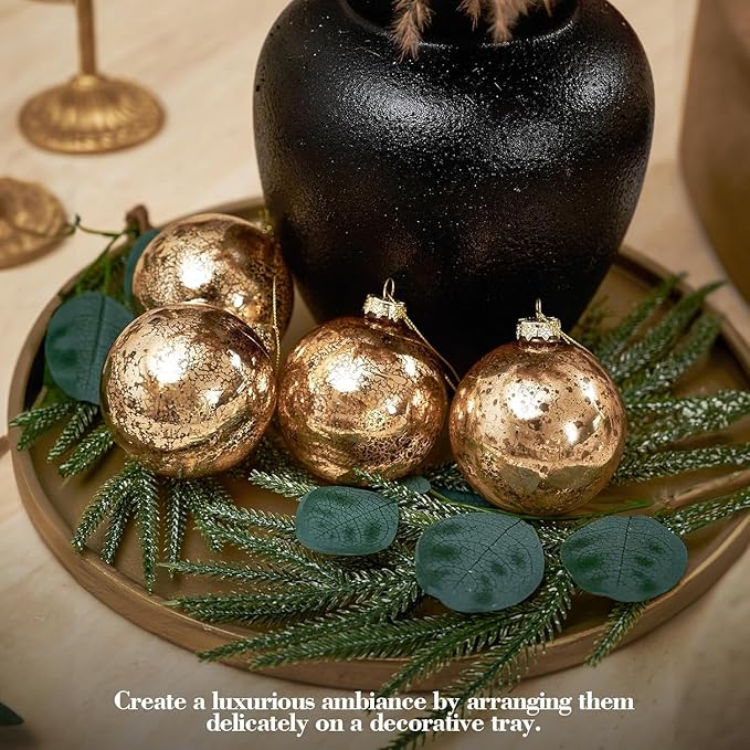 Gold Mercury Glass Ball Christmas Ornaments Set of 12-3.15”Luxurious Xmas Tree Hanging Bulb Decorations for New Year Thanksgiving Birthdays Party, Glass Ornaments for Elegant Xmas Halloween Decor