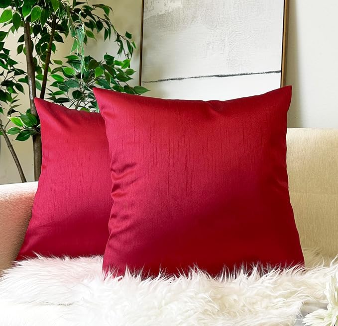 Aiking Home 20x20 Inches Faux Silk Square Throw Pillow Cover, Zipper Closure, Red (Set of 2)