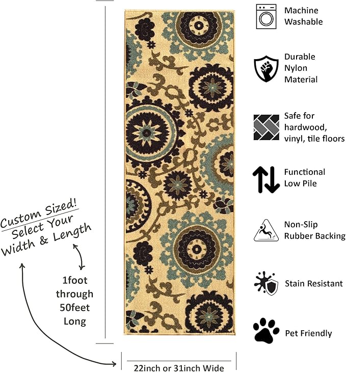 Custom Size Beige Floral Medallion Rubber Backed Non-Slip Hallway Stair Runner Rug Carpet 22 inch Wide Choose Your Length 22in X 1ft