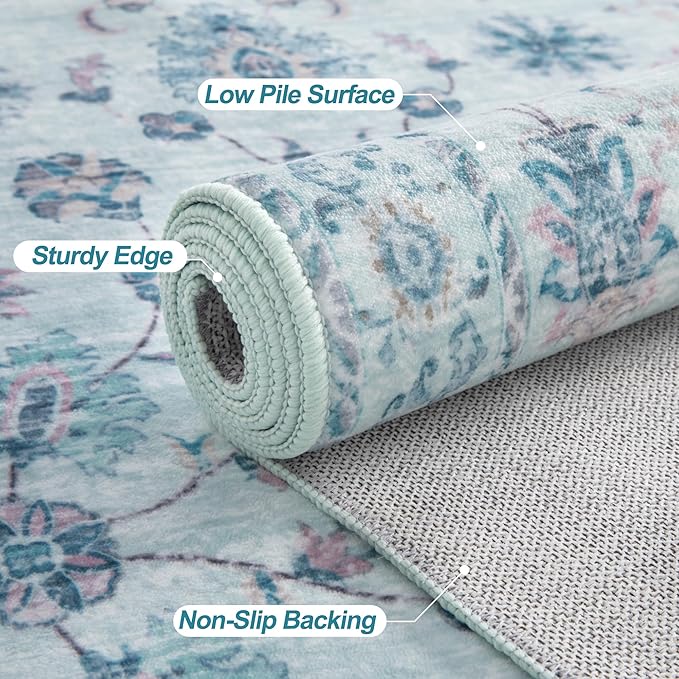 Tangsoo Washable Runner Rug for Hallway Non Slip, 2x6 Boho Floral Vintage Carpet Runner Rugs for Entryway, Floor Soft Low Pile Runners for Kitchen Bathroom Laundry Bedroom Alfombra Blue Farmhouse