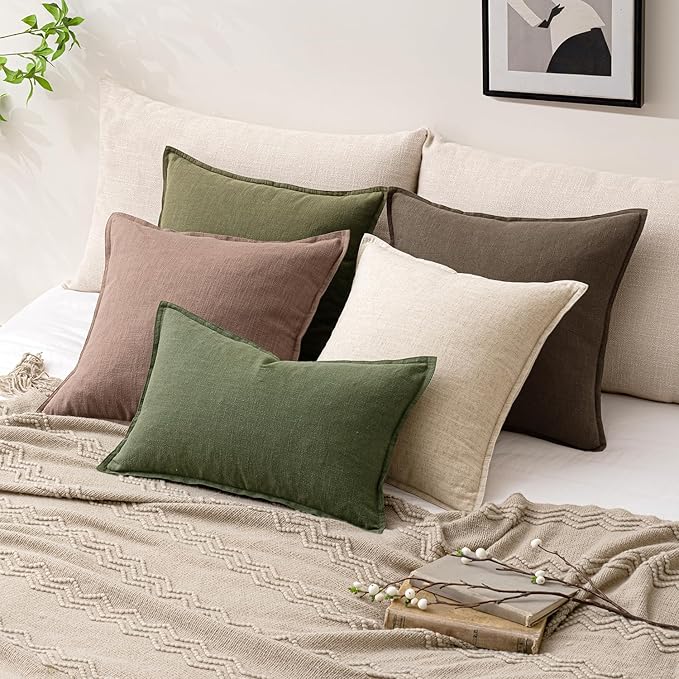 Woaboy 20x20 Inch Set of 2 Decorative Linen Solid Throw Pillow Covers Boho Accent Farmhouse Christmas Pillowcases Modern Netural Home Decor for Couch Sofa Living Room Bed,Dark Olive Green