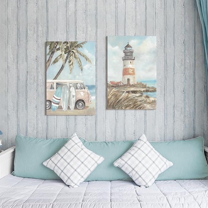 ARTISTIC PATH Beach Coastal Canvas Wall Art - Ocean Lighthouse Paintings Vintage Van Prints Palm Tree Pictures Surfboard Artwork for Bedroom