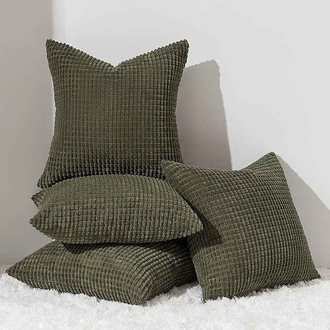 Topfinel 4 Packs OliveGreen Decorative Throw Pillow Covers 18x18 Inch for Living Room Couch Bed Sofa, Boho Western Farmhouse Home Decor, Square Soft Moss Corduroy Fall Cushion Case 45x45 cm