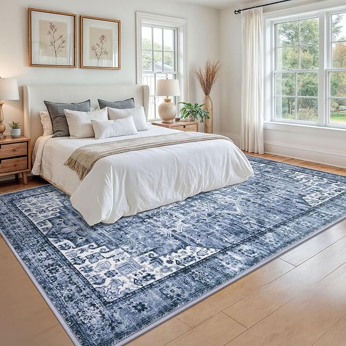 9x12 Oriental Area Rug Blue, Vintage Floral Large Washable Printed Rug for Living Room Non-Slip Ultra Soft Bedroom Rug Tribal Traditional Farmhouse Carpet for Dining Room Office Home Décor