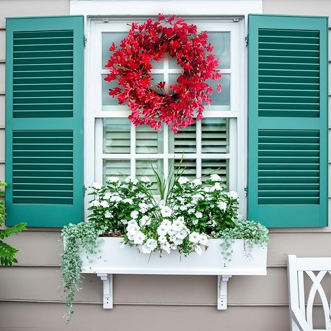Spring Wreath for Front Door, 24 Inch Spring Red Forsythia Wreath Blossom Cluster Flower Farmhouse Wreath on Grapevine for Festival Celebration Front Door Wall Window Decoration Home Decor
