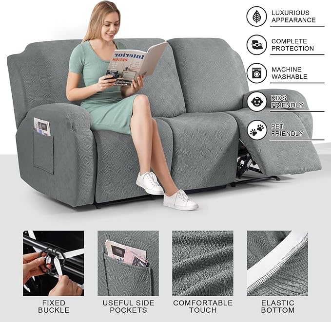 Timeles Recliner Covers for 3 Seater Reclining Sofa Slipcover Furniture Protector for Dogs and Pets Stretch Soft Washable (Three-Seater, Light Gray)