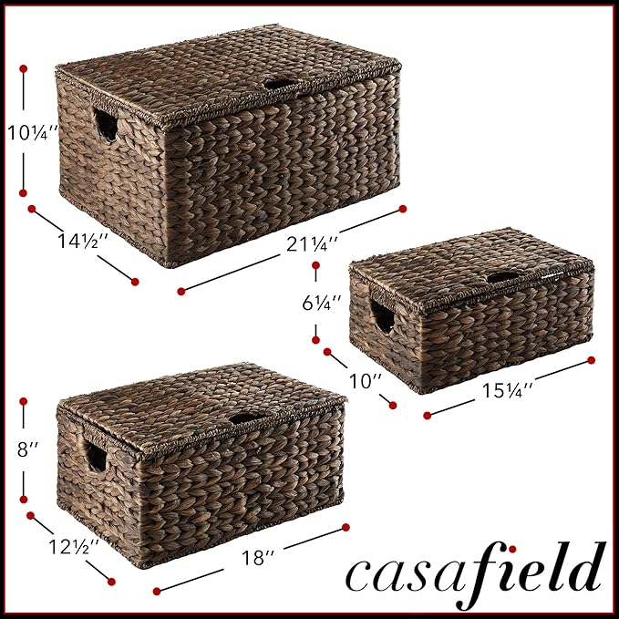 Casafield Set of 3 Water Hyacinth Rectangular Storage Baskets with Lids (Espresso - Small/Medium/Large) for Bedroom, Bathroom, Laundry, Home Office