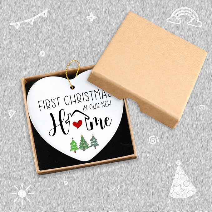 First Christmas in Our New Home Ceramic Heart Keepsake Hanging Ornament Housewarming Gifts New Home Hostess Gifts for Women Christmas Birthday Ornament for Couples Family