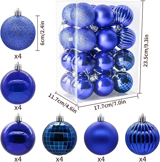 24ct Christmas Balls Ornaments, 2.36 Inch Christmas Tree Balls Ornaments, Decorative Baubles Decorations for Xmas Tree Decor Holiday Party, Royal Blue
