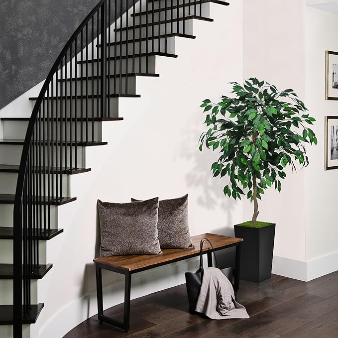 Artificial Ficus Tree 5FT - Faux Indoor Tree with White Tall Planter - Fake Ficus Floor Plant Potted - Artificial Silk Tree for Home Office Living Room Decor Indoor
