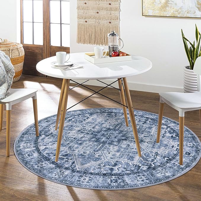 6' Round Washable Rug for Entryway, Blue Soft Printed Area Rug, Non-Slip Kitchen Rugs, Low-Pile Medallion Indoor Door Mat, Small Farmhouse Carpet for Entrance Kitchen Foyer Bedside