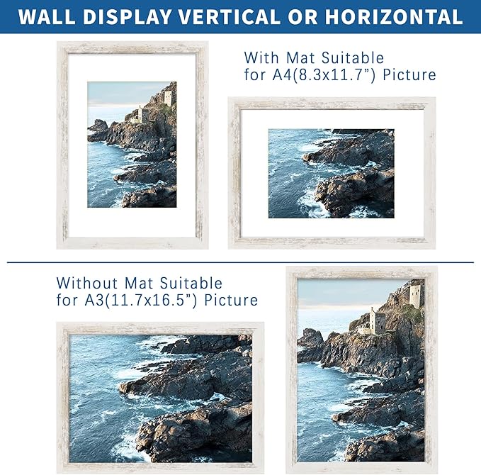 A3 Frame Set of 2, Distressed White Wood Style - Display Pictures A4 with Mat or 11.7x16.5 without Mat, Wall Mounting Horizontal and Vertical