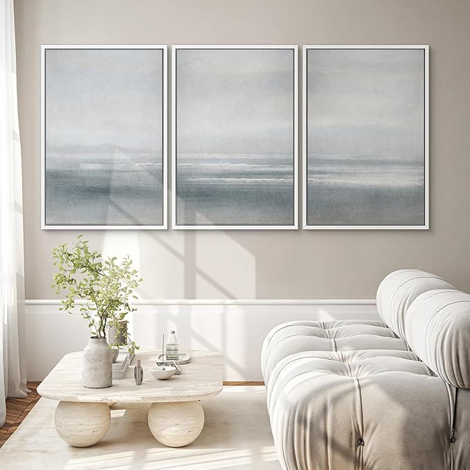 SIGNWIN Framed Canvas Print Wall Art Set Serenity Seascape Soft Blue Ocean Views Modern Art Decorative Rustic Calm/Zen for Living Room, Bedroom, Office - 24"x36"x3 White