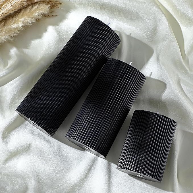 Ribbed Pillar Candles Set of 3, Width 3" High 4" 6" 8" Large Soy Wax Orchids Scented Pillar Candles Aesthetic Ribbed Modern Home Decor for Bathroom Living Room(Black)