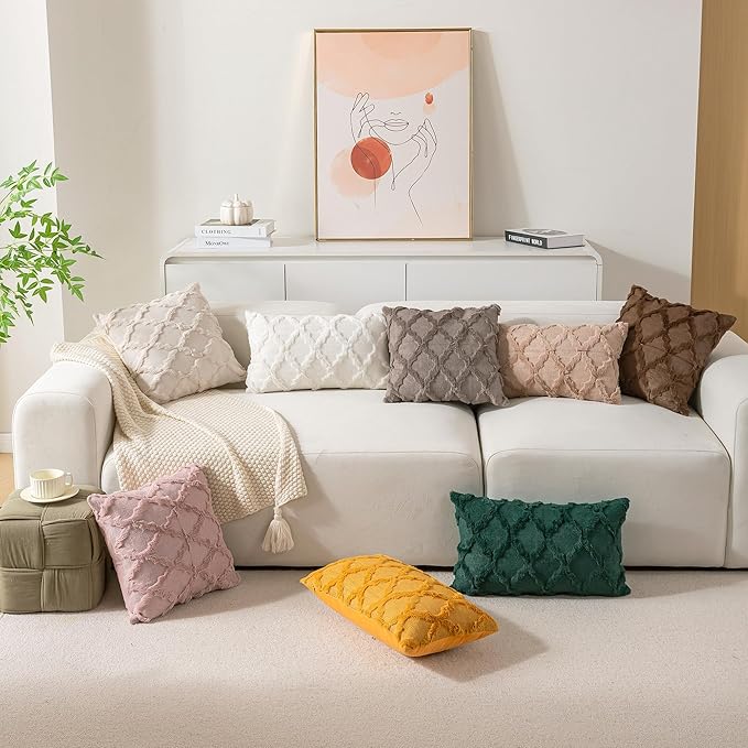 Set of 2 Soft Moroccan Throw Pillow Covers 18x18 Inch Plush Boho Decorative Pillow Cover Accent Cushion Case for Couch Sofa Bed, Light Brown