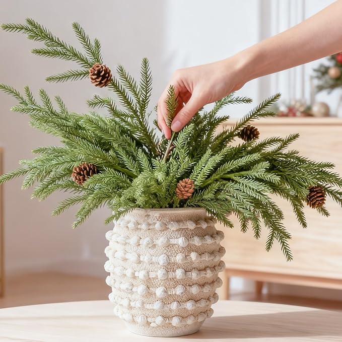 DN DECONATION Artificial Christmas Norfolk Pine Stems, Faux Pine Branches with Cones 35.4" 6PCS - Greenery Fake Pine Needles for Vase Arrangements, Winter, Holiday Indoor Outdoor Home Decor