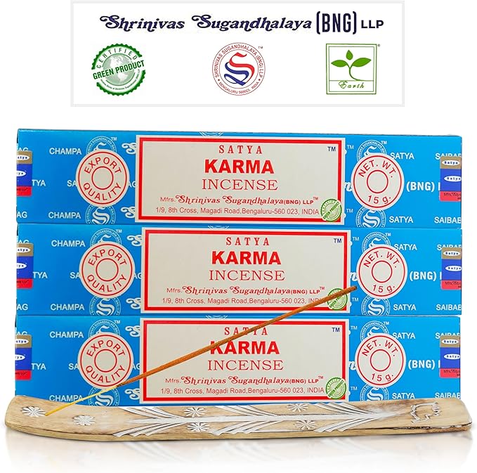 Satya Karma Incense Sticks, Satya Bng (Bangalore) Insenses 15gmx3 Pack with Raajsee Incense Holder Bundle, Satya Nagchampa Natural Incense