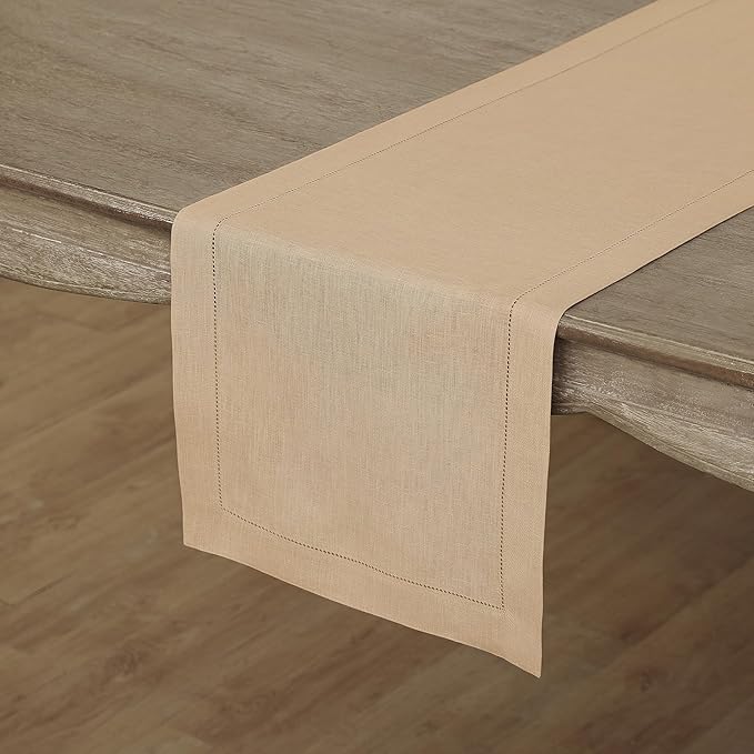 Solino Home Linen Beige Table Runner 108 Inches Long - 100% Pure Linen 14 x 108 Inch Table Runner for Spring, Easter - Classic Hemstitch