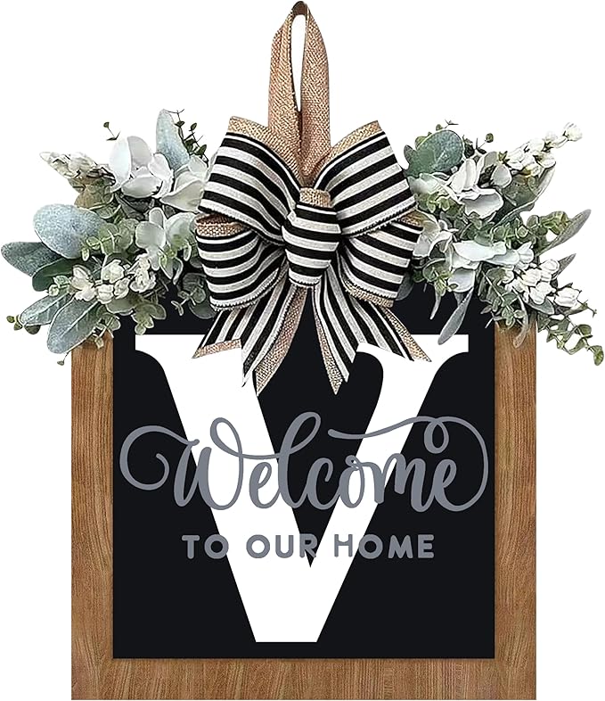 14’’ Last Name All Year Round Front Door Wreath, 26 Letter Welcome Sign Door Wreaths for Front Door Outside, Welcome Garland and Eucalyptus and Bow Suitable for All Seasons for Outdoor Decoration (V)