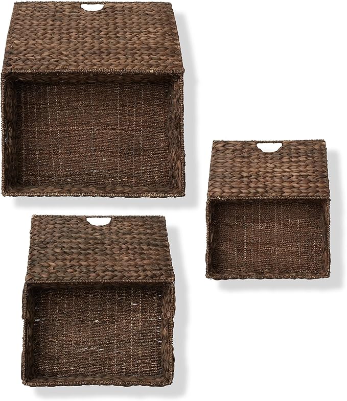 Casafield Set of 3 Water Hyacinth Rectangular Storage Baskets with Lids (Espresso - Small/Medium/Large) for Bedroom, Bathroom, Laundry, Home Office