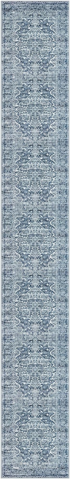KUTA Extra Long Runners for Hallways 2.6x18ft Non-Slip Washable, Blue White Vintage Kitchen Rug, Stair Runners Indoor Ultra Soft Printed Floral Medallion Carpet for Bedroom Living Room Nursery