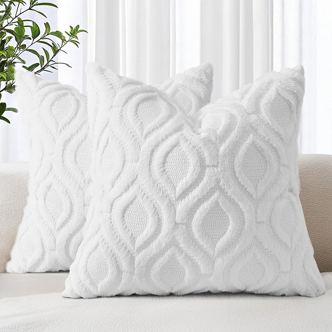 decorUhome Throw Pillow Covers 16x16 Inch Set of 2, Soft Plush Faux Wool White Solid Couch Pillow Covers, Accent Farmhouse Neutral Square Pillow Cases for Sofa Bed Living Room