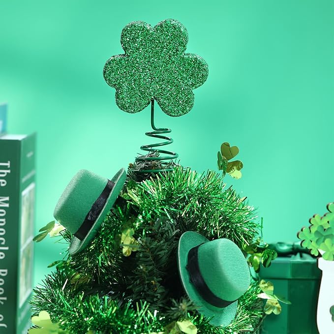 2 Pcs Valentine's Day Heart St Patrick's Day Mini Glitter Tree Topper, Romantic Heart Shamrock Metal Glitter Ornament Decorations for Valentines St Patrick's Irish Holiday Party