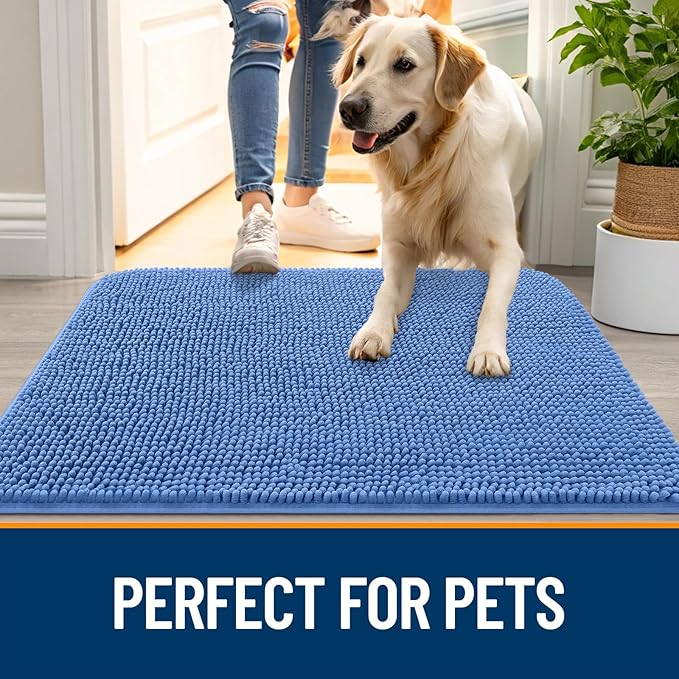 OLANLY Dog Door Mat for Muddy Paws 54x32, Absorbs Moisture and Dirt, Absorbent Non-Slip Washable Doormat, Quick Dry Chenille Mud Mat, Entry Indoor Entryway Carpet for Inside Floor, Cornflower Blue