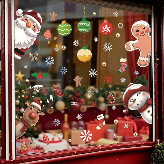 Christmas Window Clings,Winter Snowflake Window Clings,Christmas Decals Clings For Glass,Xmas Reindeer Wall Stickers,Xmas Santa Claus Snowman Gingerbread Wall Decals For Home Room Office School