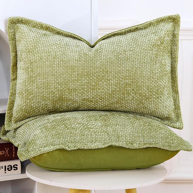 MADIZZ Chenille Velvet Throw Pillow Covers with Flange Set of 2 Super Soft Boho Textured Pillow Covers Decorative Throw Pillowcases Modern Farmhouse Home Decor for Sofa Bedroom Light Green 12x20 Inch