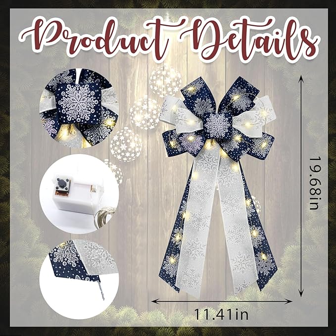 Hying Large LED Christmas Bows for Wreath, Merry Christmas LED Wreath Bow White Snow Burlap Bows with LED Lights Xmas Tree Topper Bows for Front Door Happy New Year Christmas Party Decoration Supplies