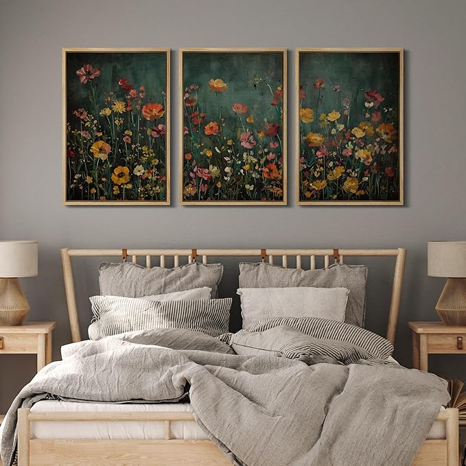 MUDECOR Framed Wall Art Print Set Vintage Wildflower Meadow with Colorful Blooms Illustrations Modern Art Boho Decorative Colorful Chic for Living Room, Bedroom, Office - 24"x36"x3 Natural